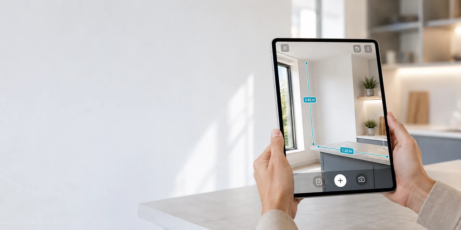Hände halten ein Tablet mit AR-Maßanzeige vor einem Fenster und einer Küchenzeile, Maße in Metern eingeblendet