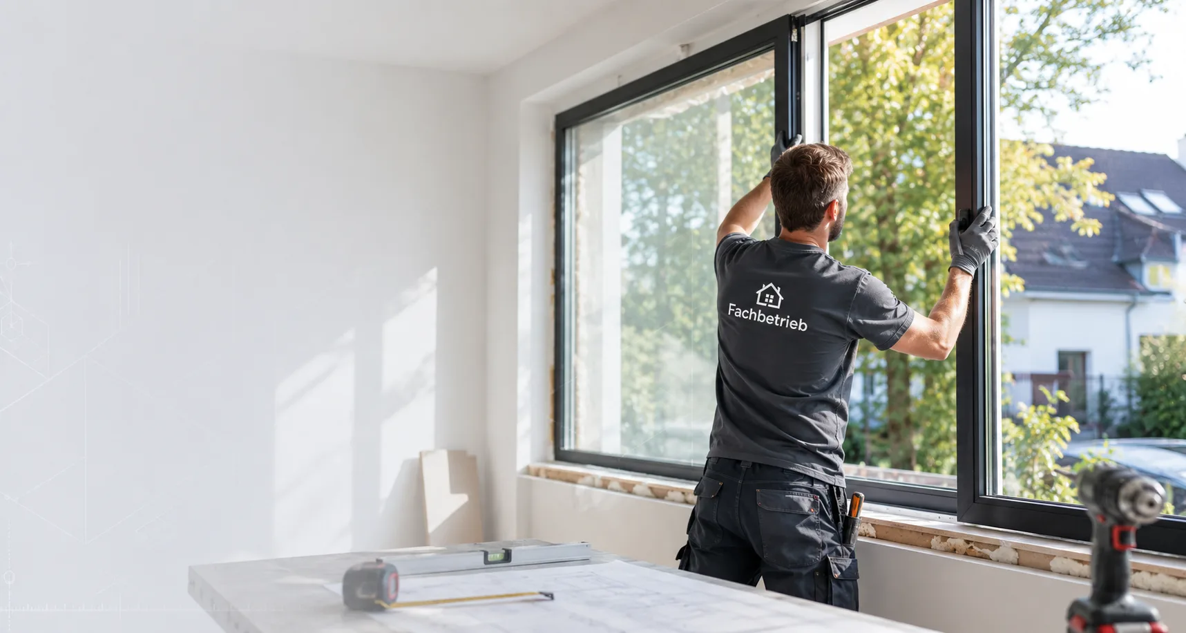 Handwerker misst und montiert ein Fenster von innen