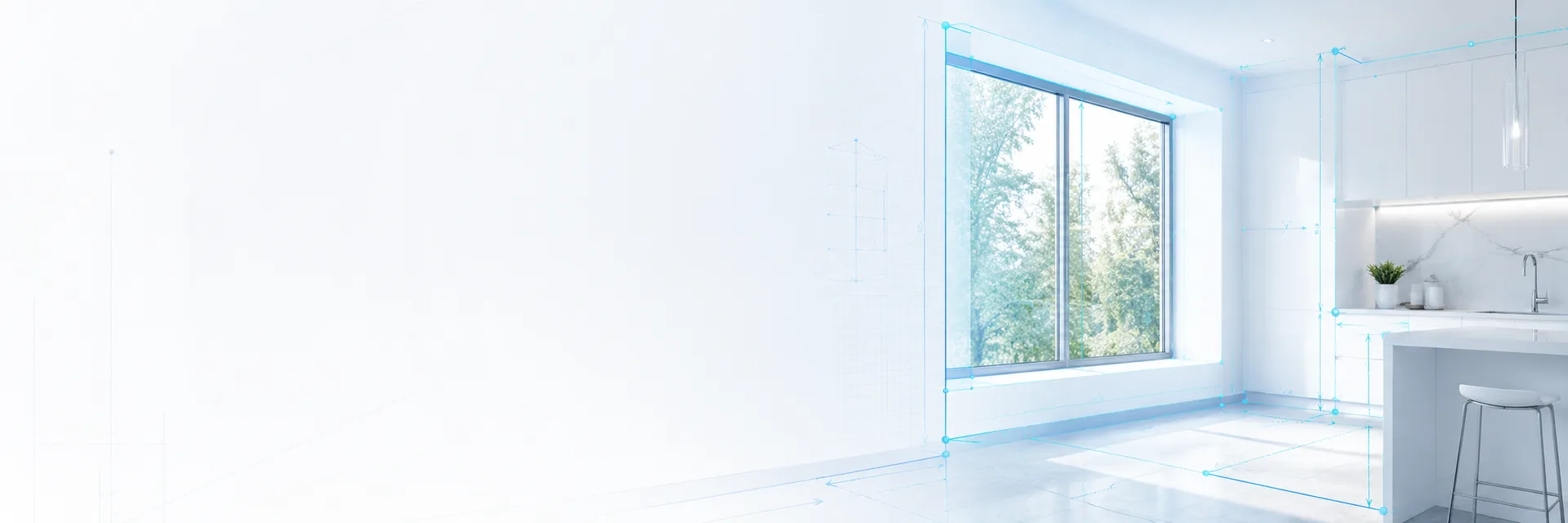 Heller Raum mit Fenster und Küchenzeile, überlagert mit blauen Maßlinien, die Breite, Höhe und Laibung markieren