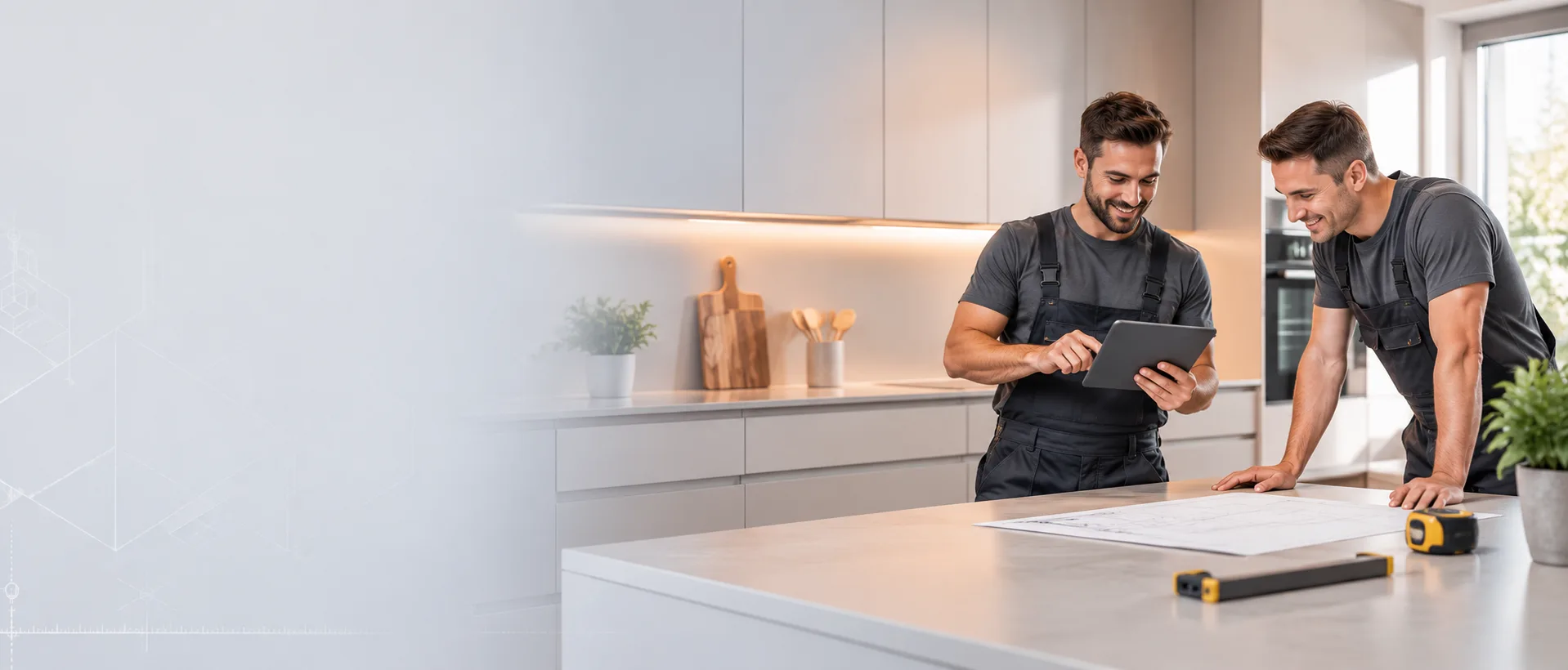 Zwei Handwerker prüfen einen Küchenplan und Maße auf einem Tablet in einer Küche