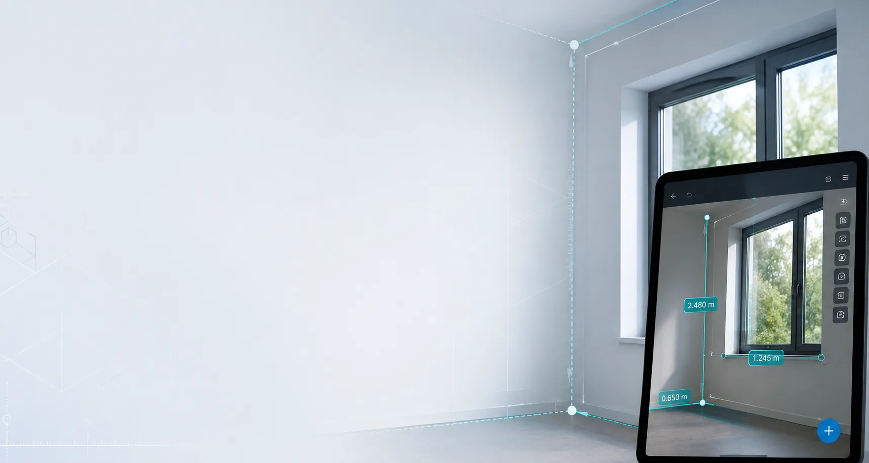 Raum mit Fenster und eingeblendeten Maßlinien, daneben ein Tablet mit einer AR-Ansicht, die die erfassten Maße in Metern anzeigt