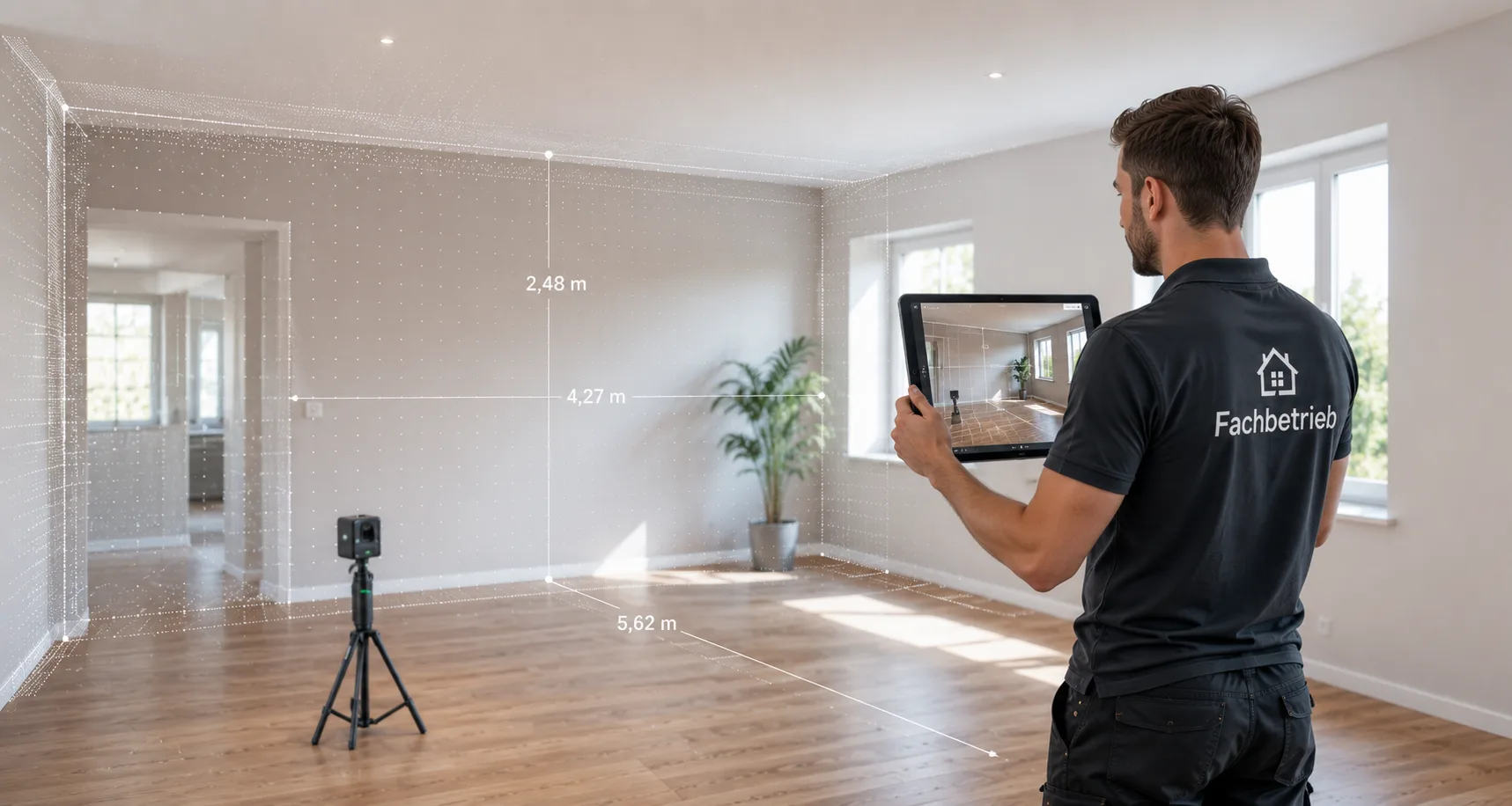 Handwerker hält ein Tablet mit AR-Maßanzeige vor einem eingemessenen Raum, Maße in Metern eingeblendet